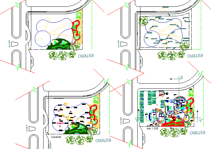 Landscaping view of multi-purpose building with car parking lot dwg file