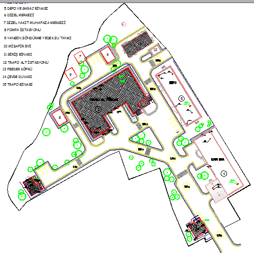 Landscaping view with site plan of office building dwg file