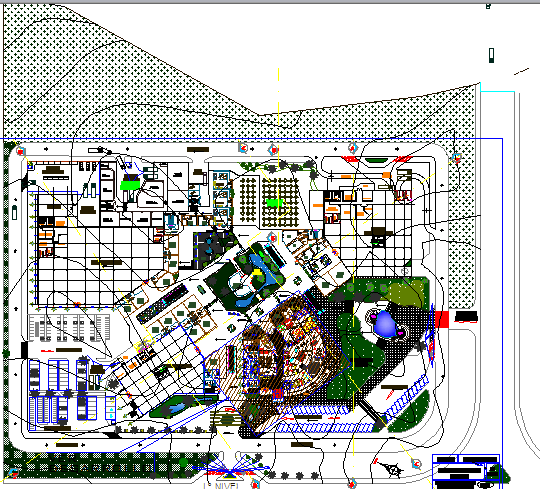 Landscaping view with structural layout plan details of shopping center dwg file