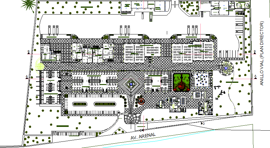 Landscaping view with structure layout details of shopping mall dwg file
