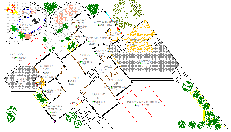 Landscaping with layout plan details of office work shop dwg file