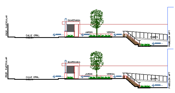 Landscaping with security cabin of municipal office building dwg file