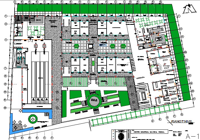 Landscaping with structural layout details of corporate building dwg file