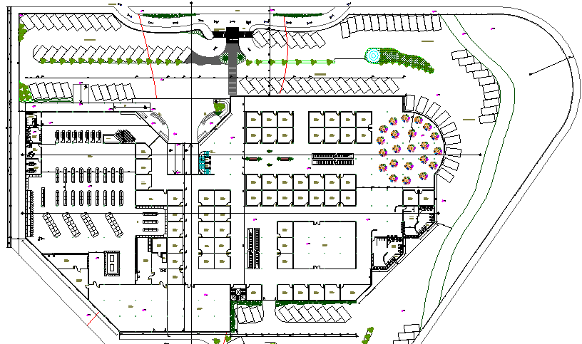 Landscaping with structural layout details of shopping center dwg file