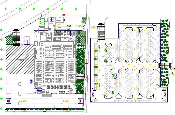 Landscaping with structural layout of commercial complex dwg file