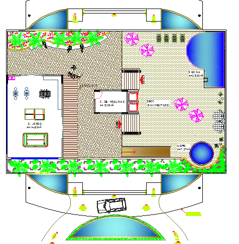 Landscaping with structural layout plan of multi-functional building dwg file