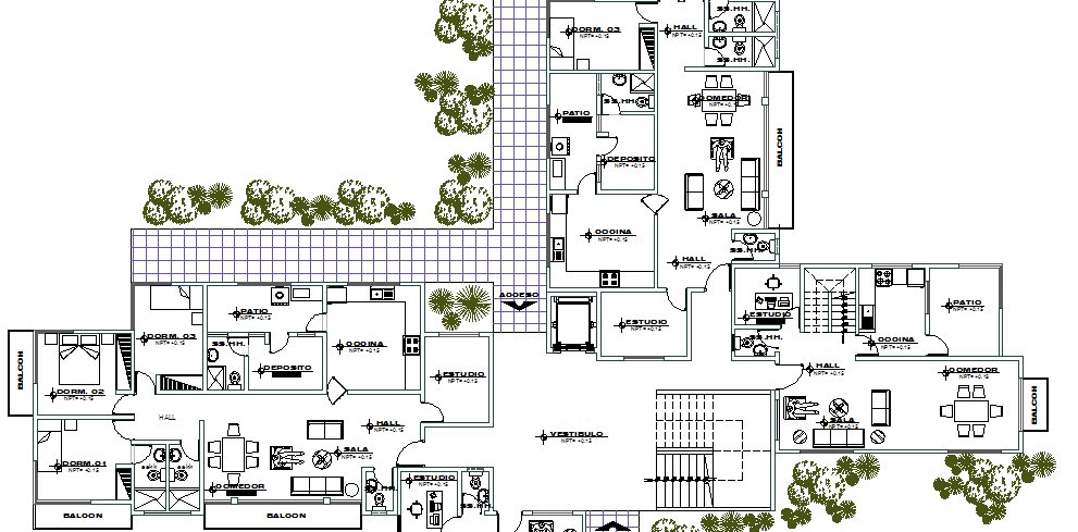 Landscaping with structural layout plan of residential building dwg file