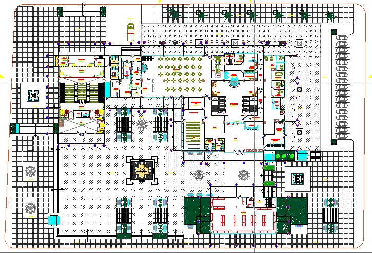 Landscaping with structure details of business center dwg file