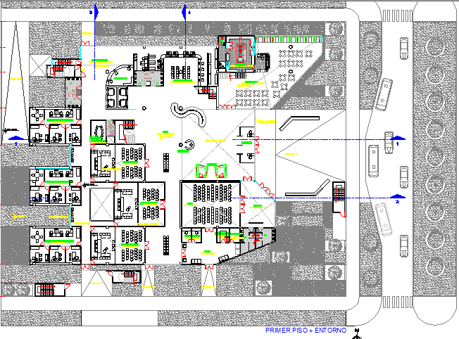 Landscaping with structure details of court house building dwg file