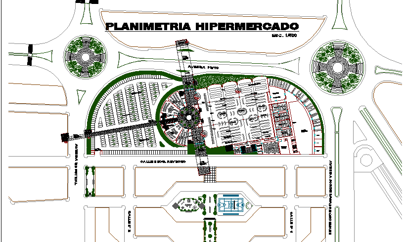 Landscaping with structure details of hyper market dwg file