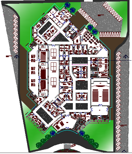 Landscaping with structure details of judiciary office of city dwg file