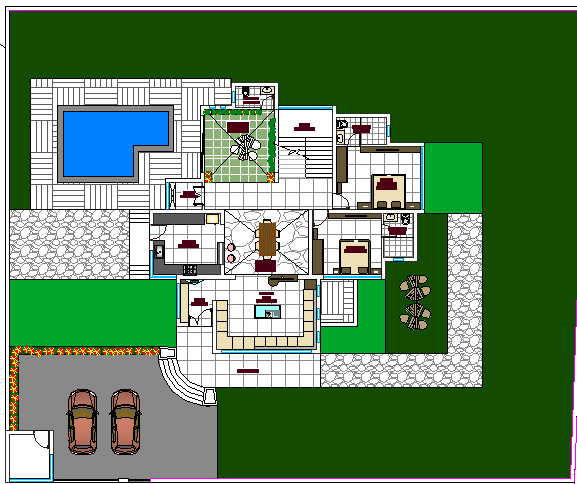 Landscaping with structure details of single family house dwg file