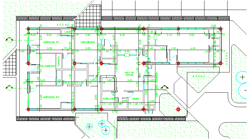 Landscaping with structure of corporate office module dwg file