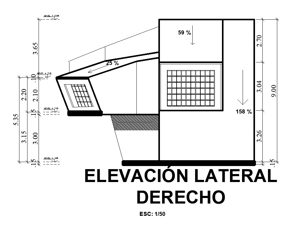 Lateral elevation view of 13x7m house building is given in this AutoCAD DWG drawing file. Download the Autocad model.