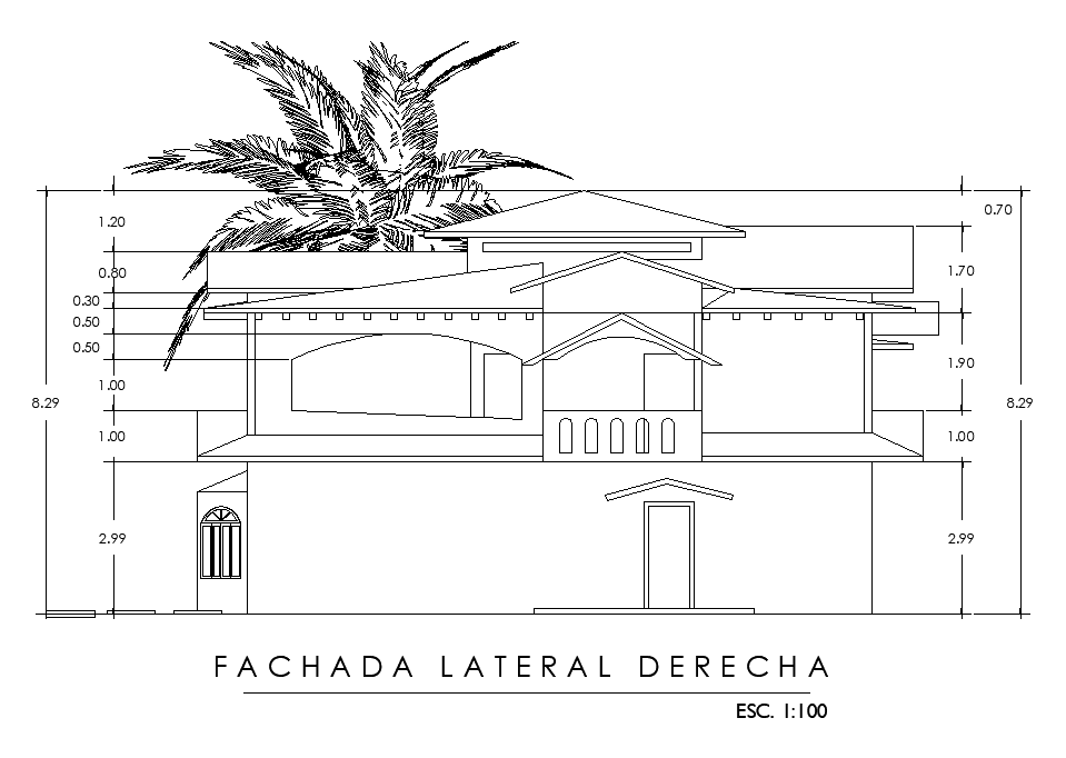 Lateral elevation view of 17x13m house building is given in this AutoCAD DWG drawing file. Download now.