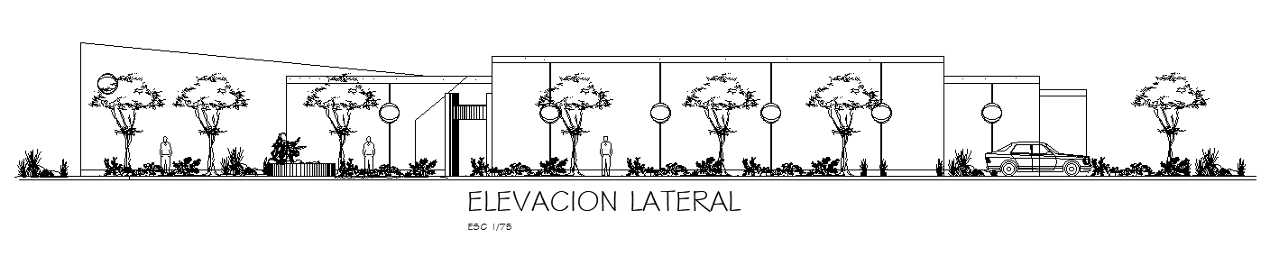 Lateral elevation view of the 126x54m hotel building is given in this AutoCAD drawing model. Download now.