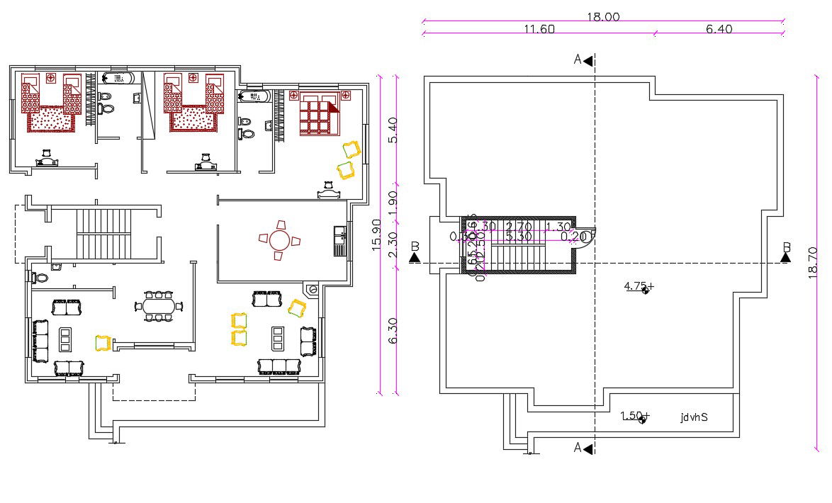 Lavish Bungalow Furniture Layout Plan AutoCAD File