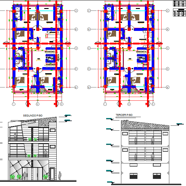 Layout and elevation detail of a hotel dwg file