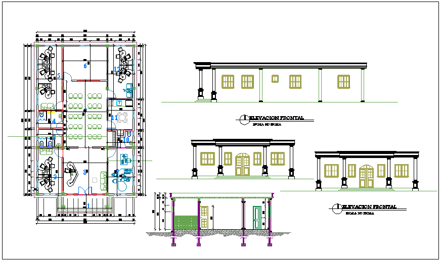 Layout plan of a office,elevation of building dwg file
