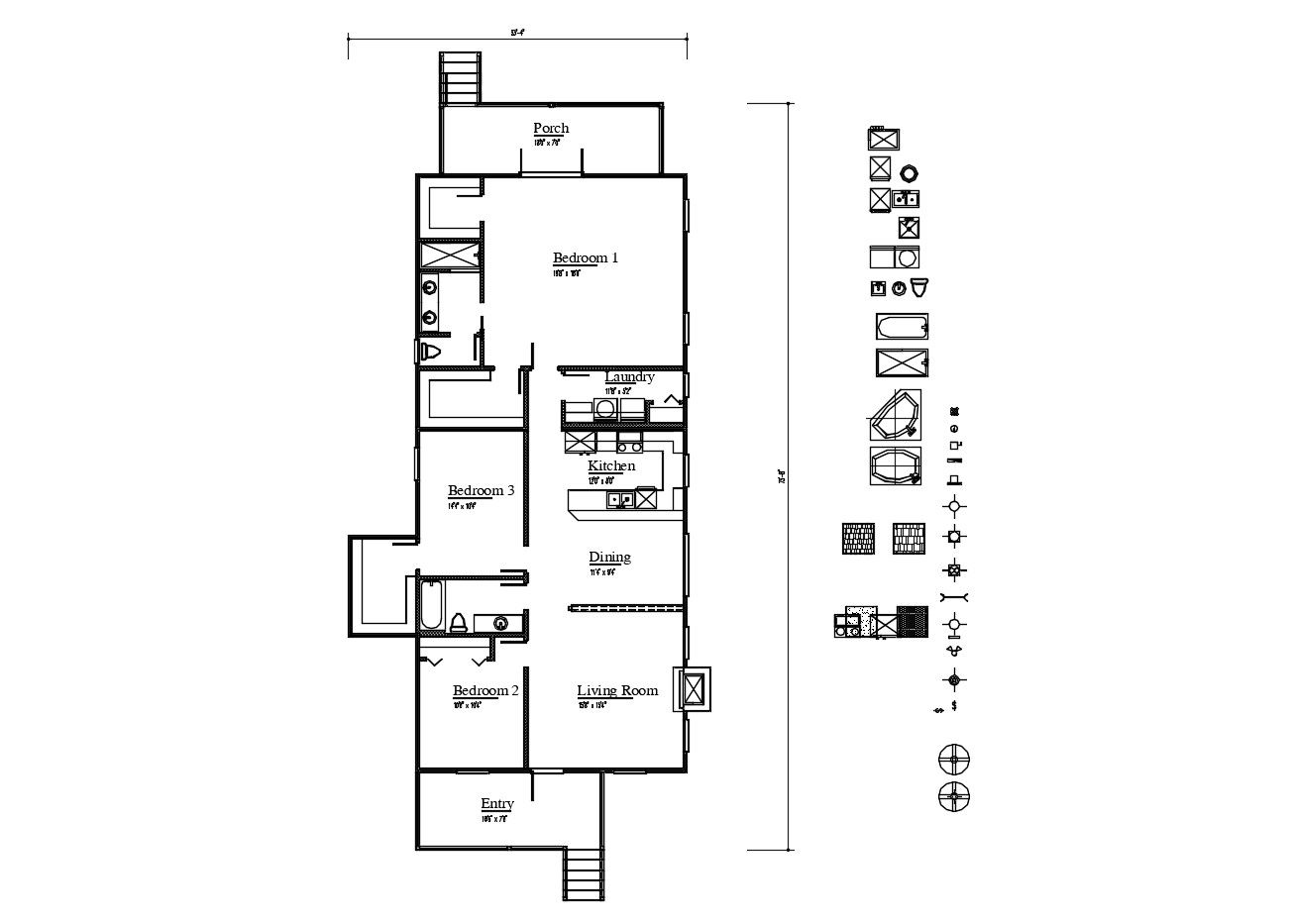 Layout plan of house 33'4'' x 73'8'' with detail dimension in dwg file