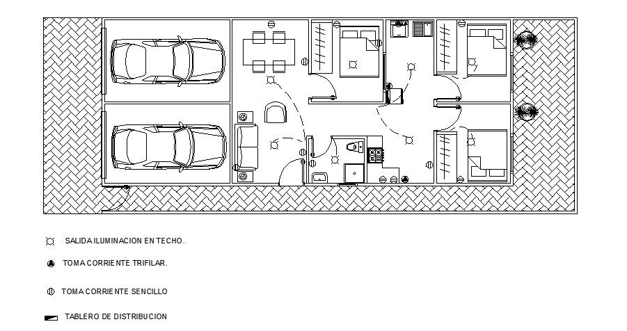 Layout plan of the house with furniture detail in AutoCAD