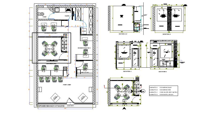 Layout plan of the meeting room with section and elevation in dwg file