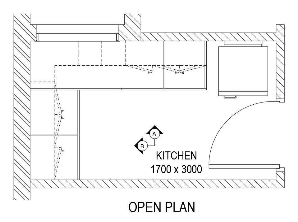Layout of 1700x3000mm kitchen plan is given in this Autocad drawing file.Download the Autocad model.