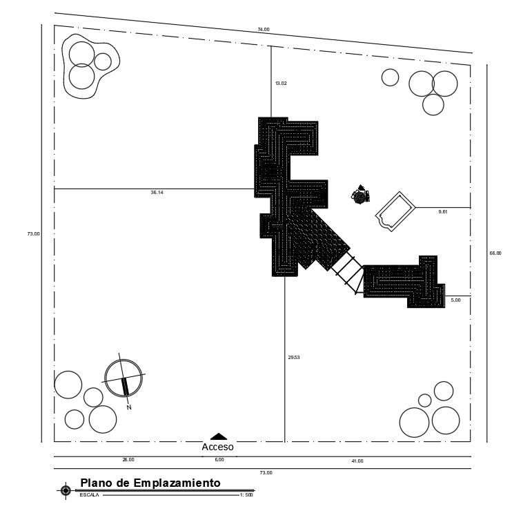 Layout of 73’x73’ house plan is given in this Autocad drawing file. Download now.