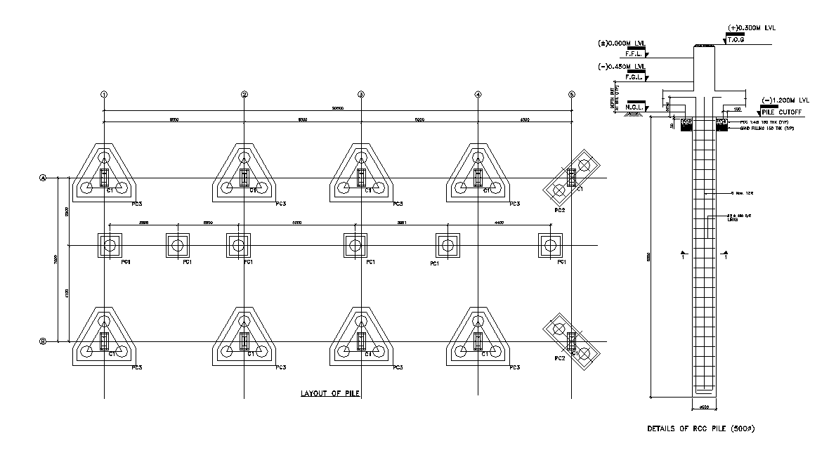 Layout of Pile foundation and Detail of RCC Pile. Download AuotCAD DWg file.