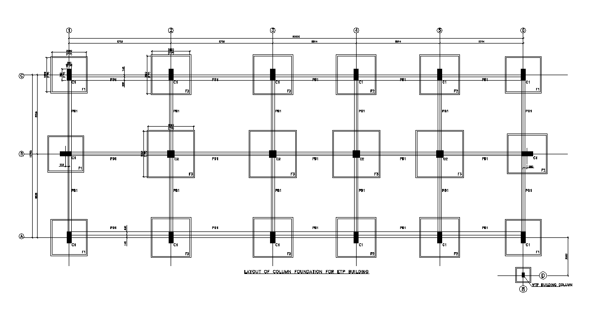Layout of column foundation for ETP building has given in this 2D Autocad DWG drawing file. Download the 2D AutoCAD DWG drawing file.