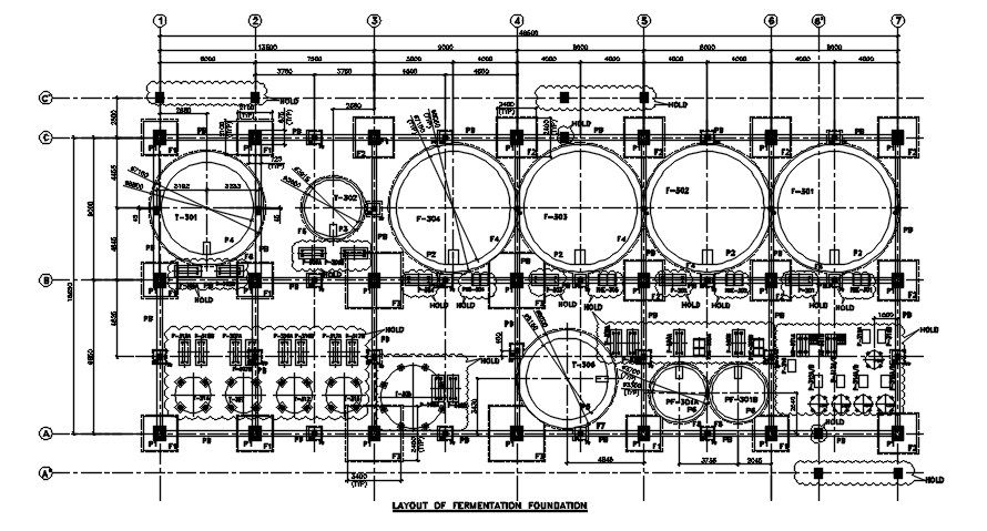 Layout of fermentation foundation details are given in this 2D Autocad WG drawing file. Download the Autocad DWG drawing file.