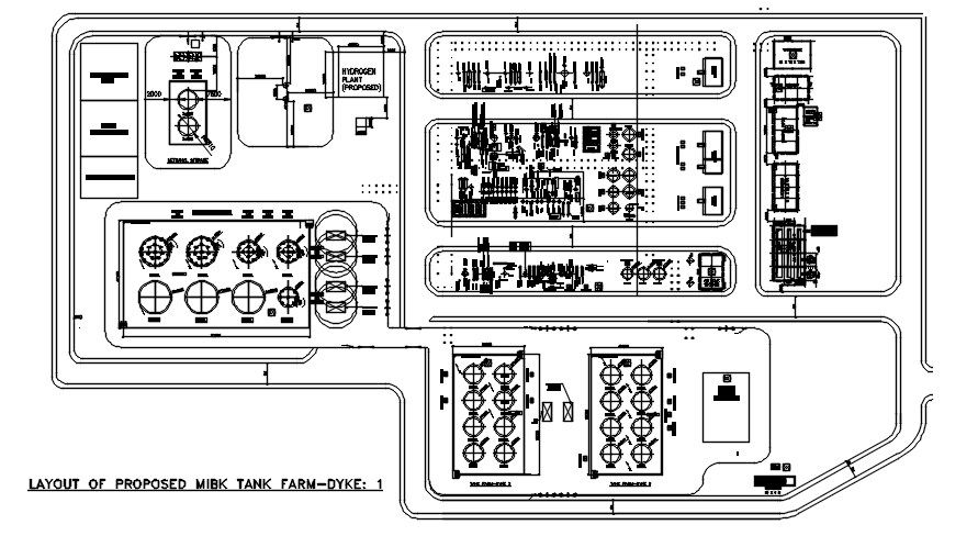 Layout of proposed mibk tank farm-dyke has given in this AutoCAD 2D DWG drawing file. Download the Autocad DWG drawing file.