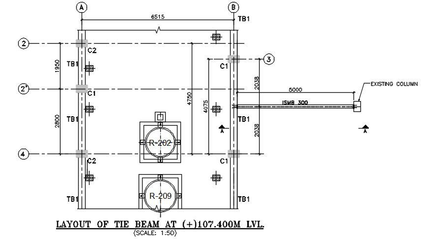 Layout of tie beam construction. Download AutoCAD DWG file.