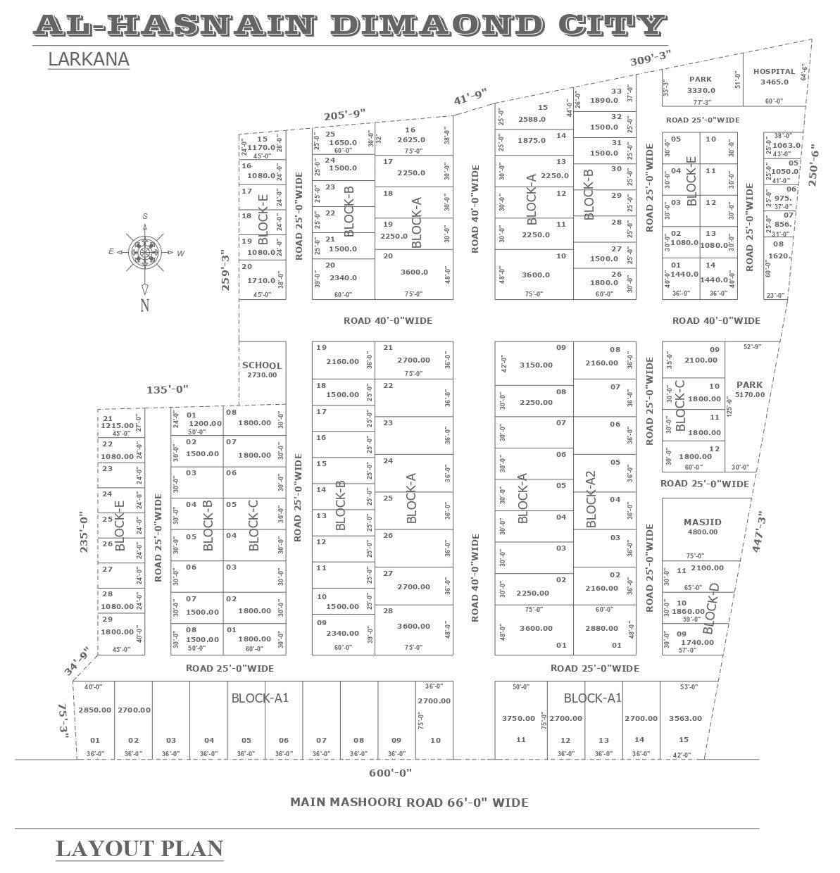 Layout plan for al hasnain diamond city larkana with site layout and other details dwg autocad drawing .