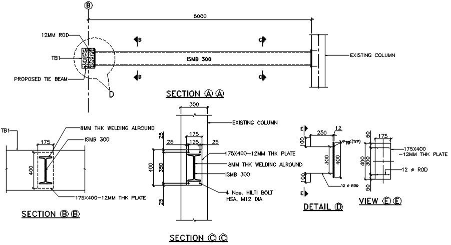 Layout plan of structural detail of tie beam. Download AutoCAD DWG file.