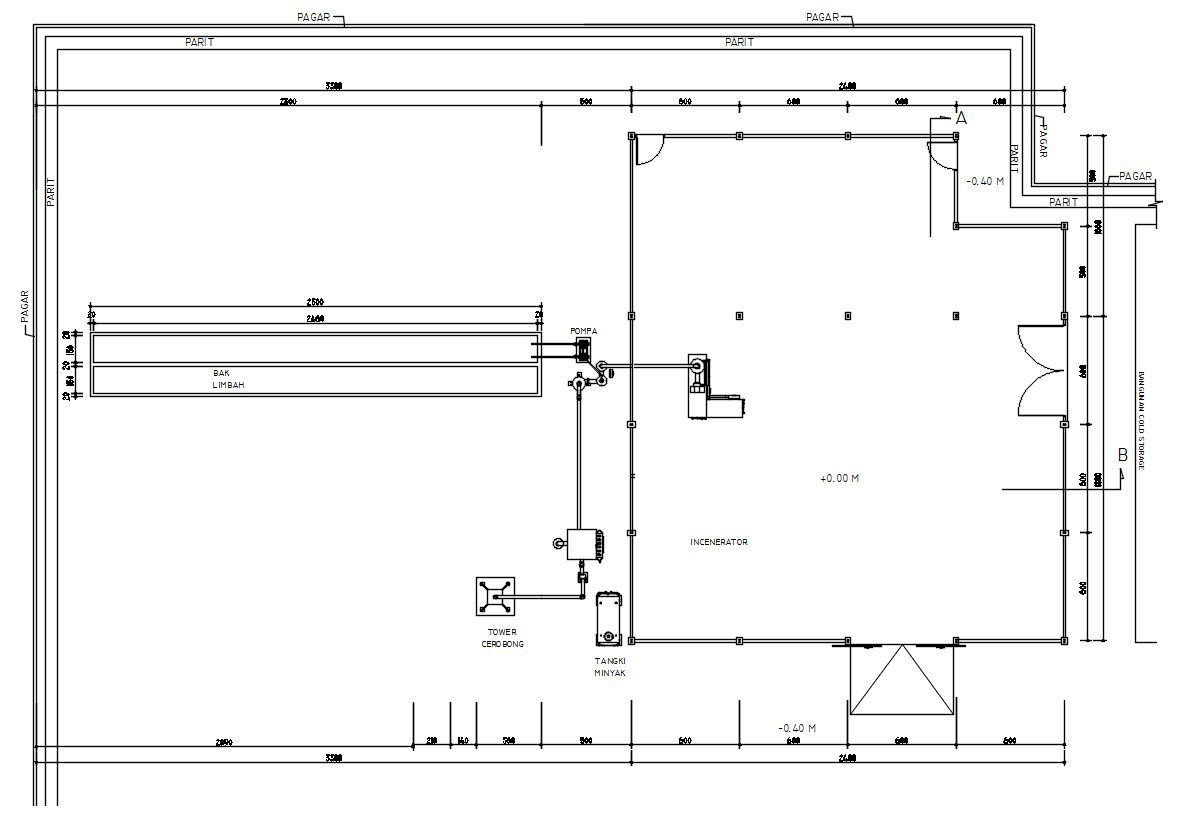 Layout plan of the incinerator plant design in AutoCAD 2D drawing, CAD file, dwg file