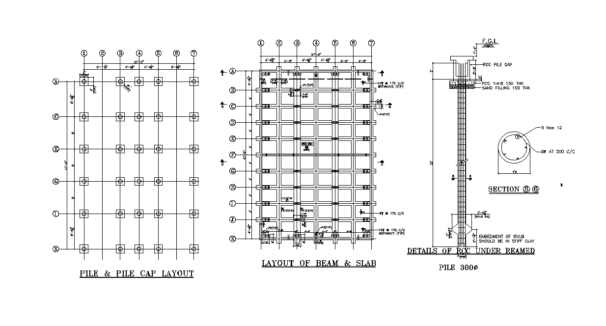 Layouts of beam slab and pile cap details are given in this Autocad file. Download the 2D Autocad DWG drawing file.