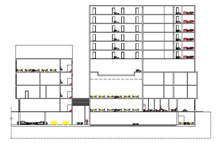 Left and right sectional view details of five star hotel dwg file
