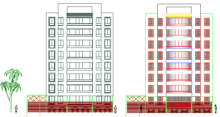 Left and right side elevation of multi-flooring housing flats dwg file