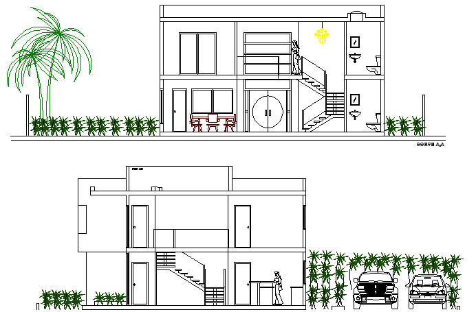 Left and right side section view of paradise villa dwg file