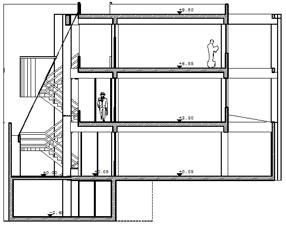 Left side cut sectional view of administration office building dwg file
