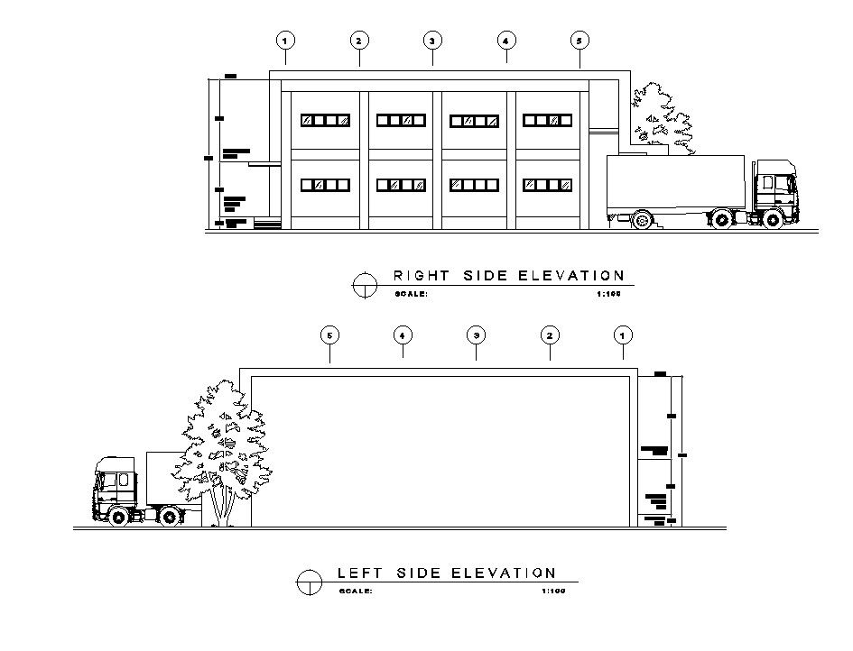 Left and right side elevation of the Warehouse are given in this AutoCAD DWG drawing. Download the AutoCAD 2D DWG file.