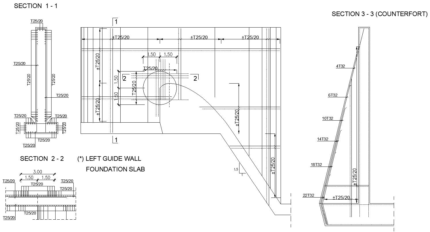 Left guide wall of foundation slab details in AutoCAD, dwg file.
