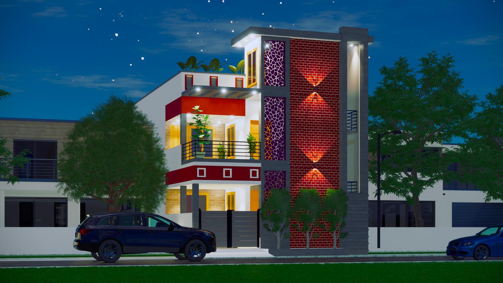 3D House Design Left Elevation & Light Settings in DWG File