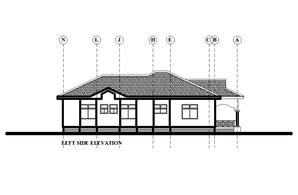Left side elevation of 11x20m residential house plan is given in this Autocad drawing file. Download now.