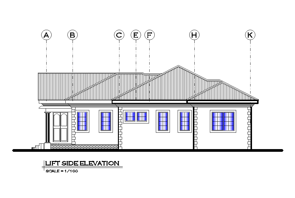 Left side elevation of 15x17m house building is given in this Autocad drawing file. Download now.