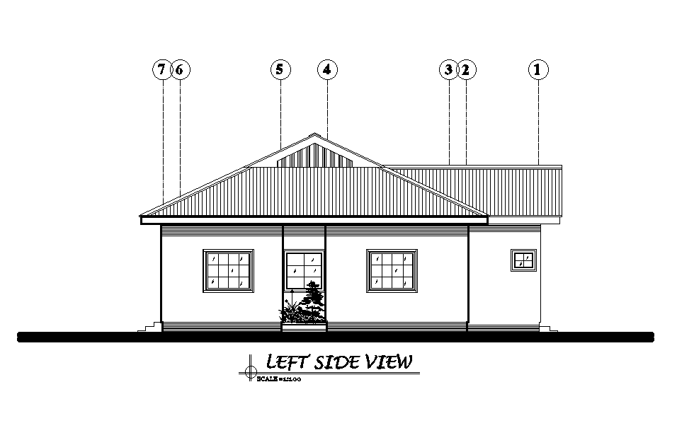 Left side elevation of 17x14m residential plan is given in this Autocad drawing file. Download now.