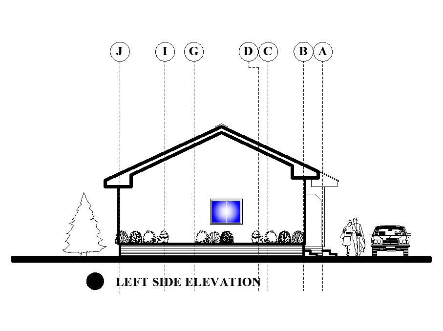 Left side elevation of 19x10m house plan is given in this Autocad drawing file. Download now.