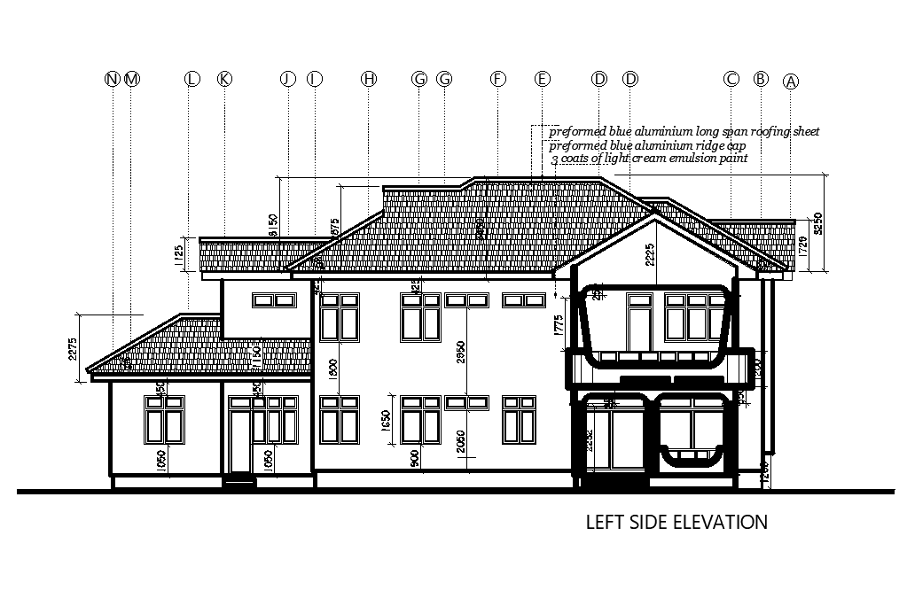 Left side elevation of 21x16m house plan is given in this Autocad drawing file. Download now.