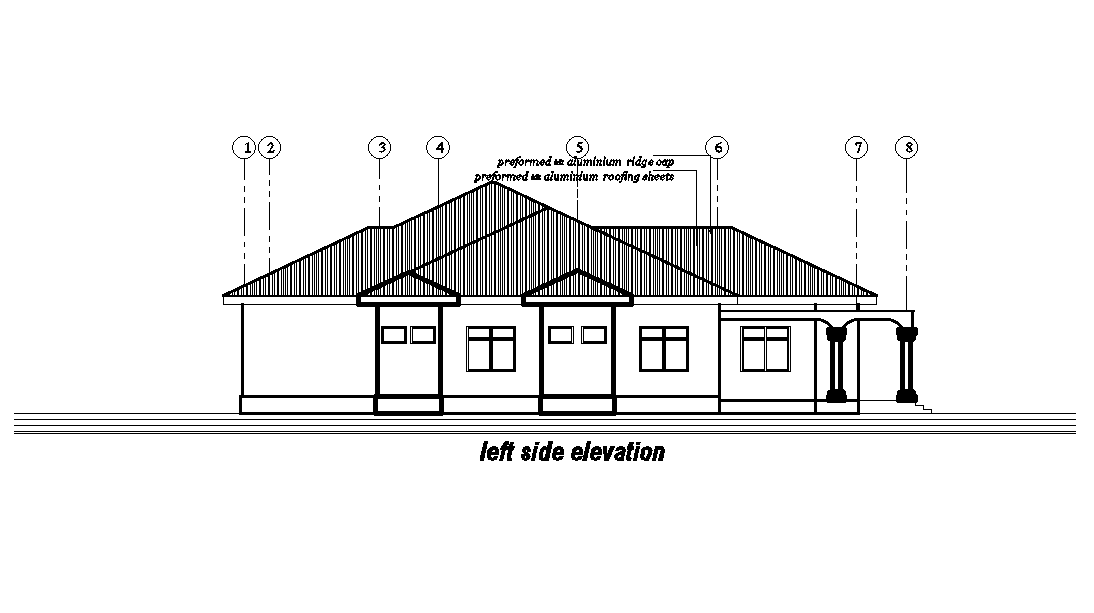 Left side elevation of 24x25m office plan is given in this Autocad drawing file. Download now.